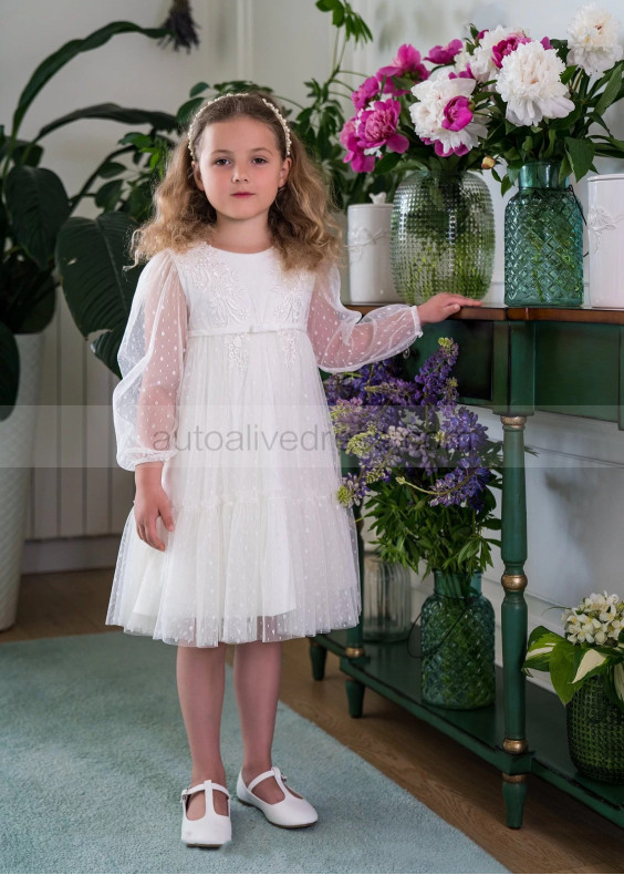 Ivory Polka Dots Tulle Lace Cute Flower Girl Dress